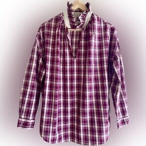 A Shirt Thing Penelope Popover Blouse. Burgundy and Cream Plaid. Size Small.
